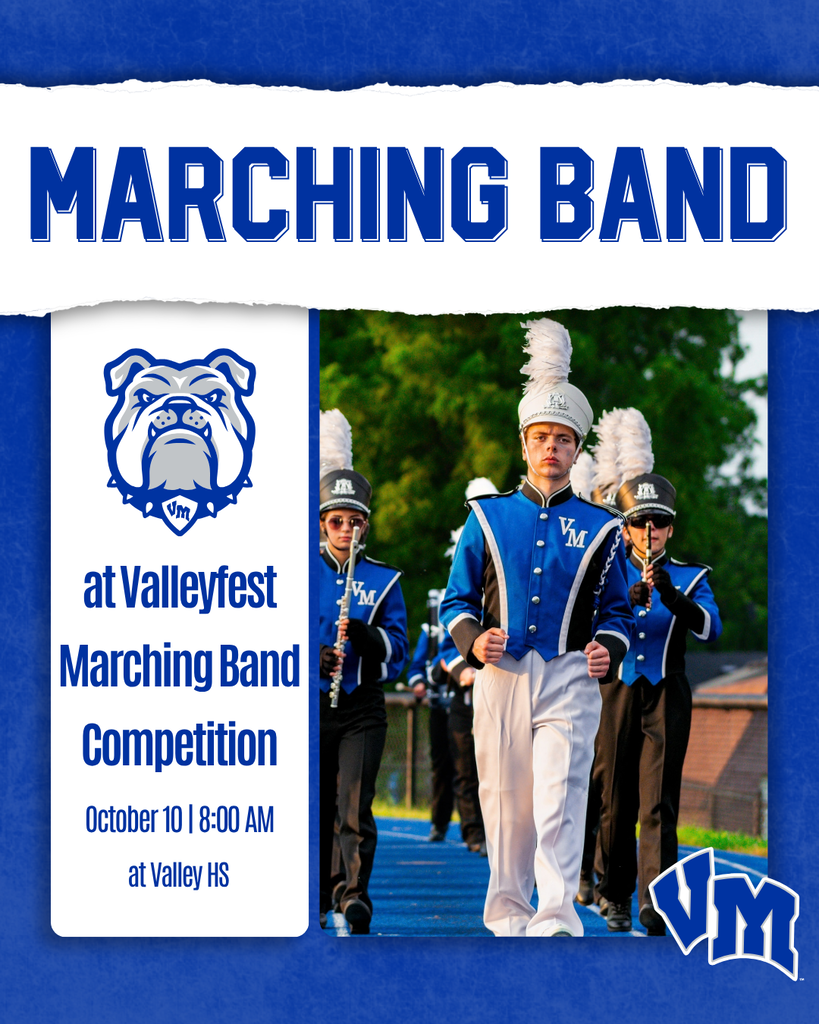 Three marching band members in blue and white uniforms performing on a field during daylight at Valleyfest.