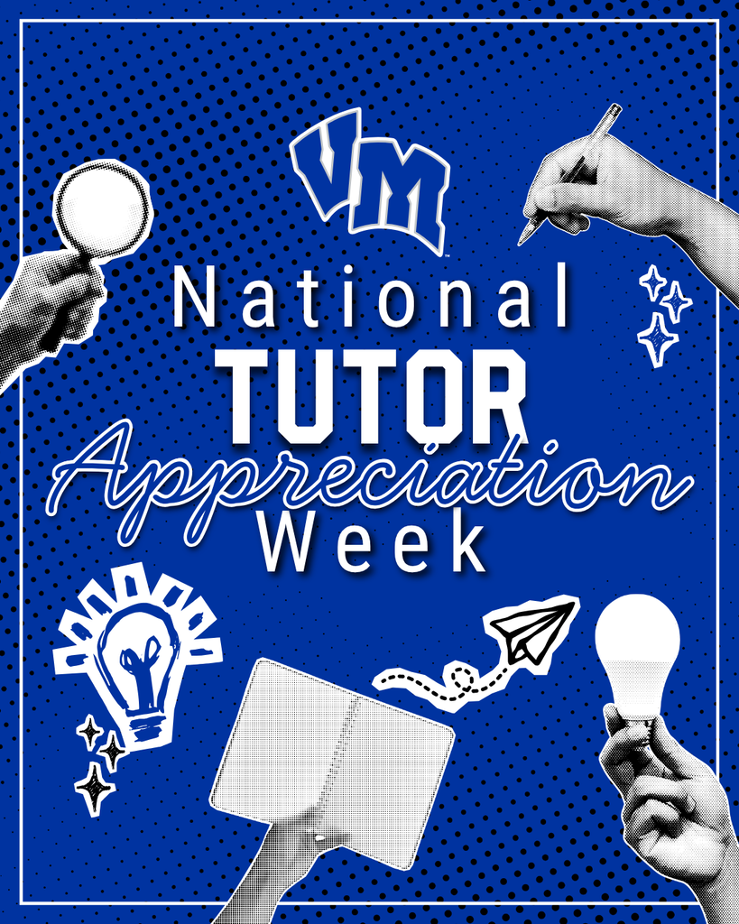 Blue poster celebrating National Tutor Appreciation Week with hands holding a magnifying glass, pen, notebook, and light bulb icons.