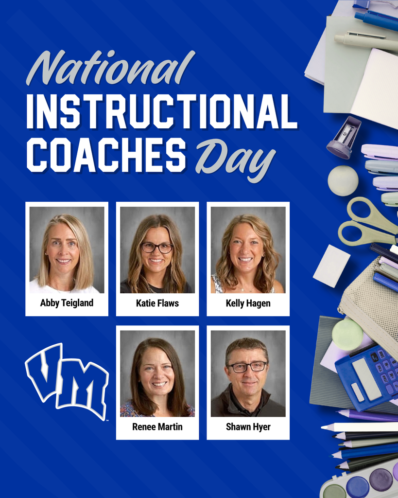 Portraits of five instructional coaches honored on National Instructional Coaches Day against a blue background with school supplies.
