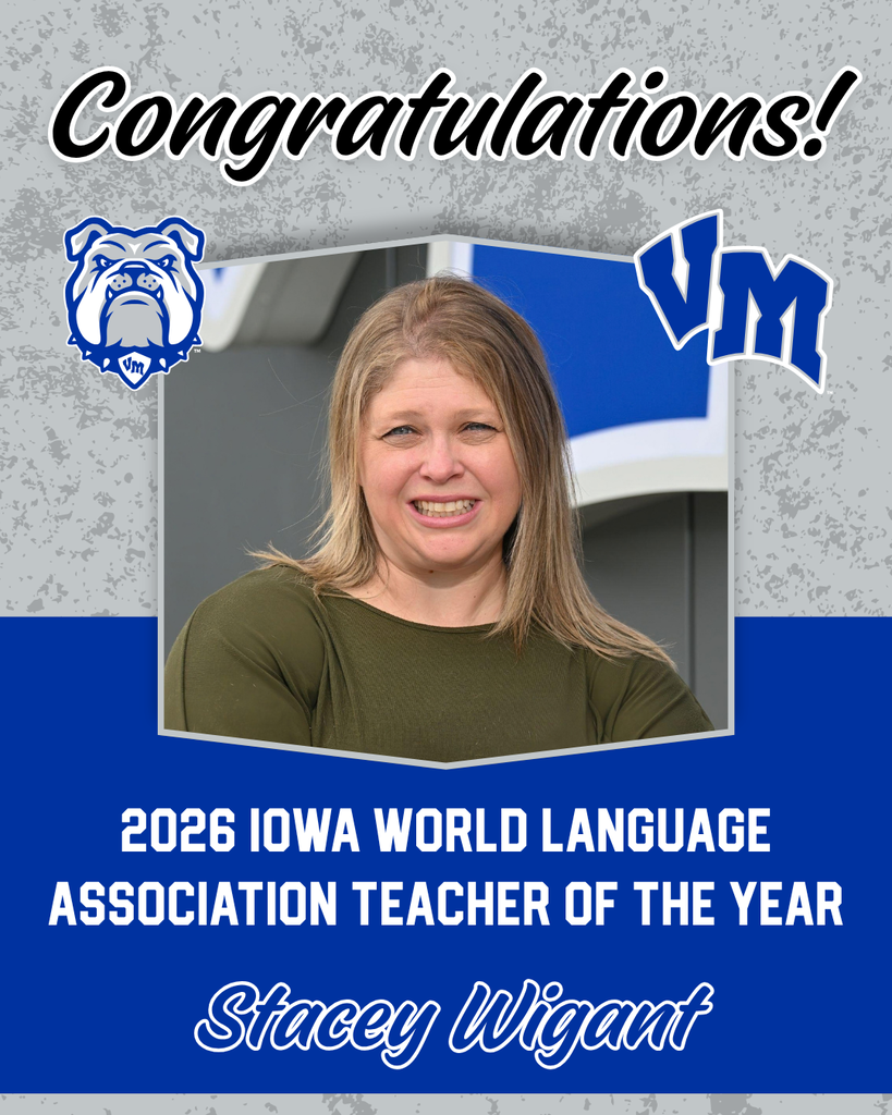 Portrait of Stacey Wigant smiling, honored as 2026 Iowa World Language Association Teacher of the Year with school logos and congratulatory text.