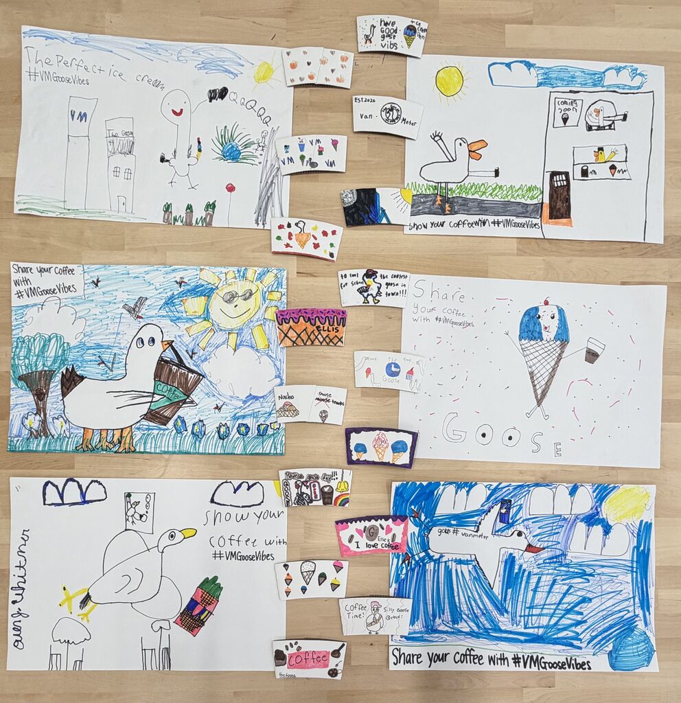 Childlike drawings of geese enjoying coffee and ice cream under sunny skies with colorful backgrounds and handwritten captions.