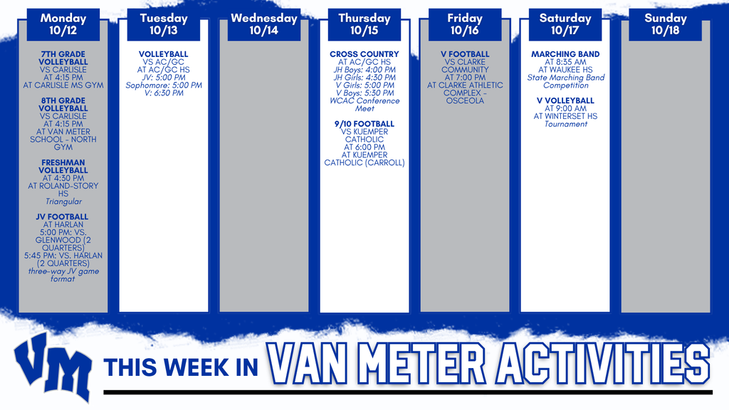Van Meter Activities weekly schedule for October 12–18, featuring volleyball, football, cross country, and marching band events.