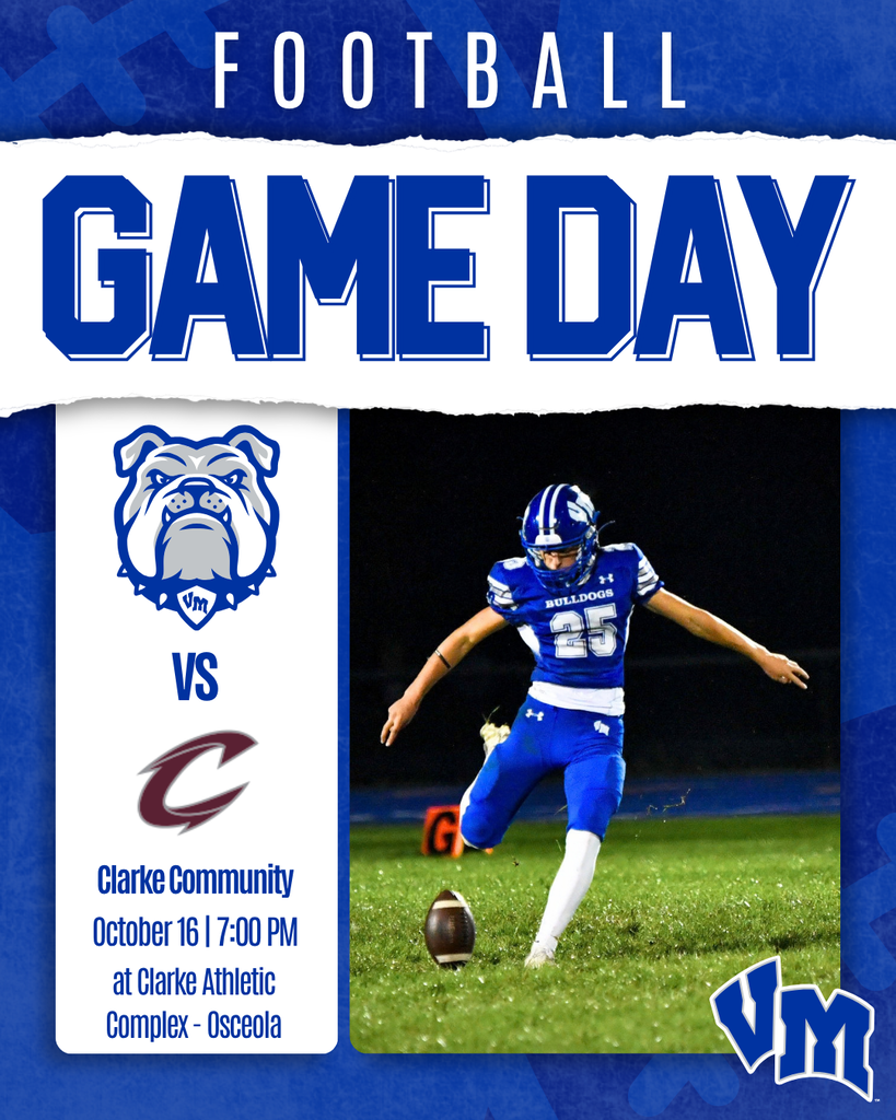 Football game day announcement featuring Bulldogs vs Clarke Community on October 16 at 7 PM in Osceola.