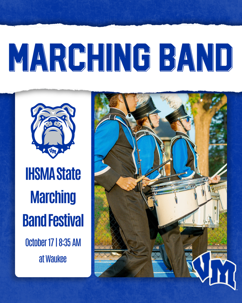 Three marching band drummers in blue and black uniforms performing outdoors at the IHSMA State Marching Band Festival in Waukee.