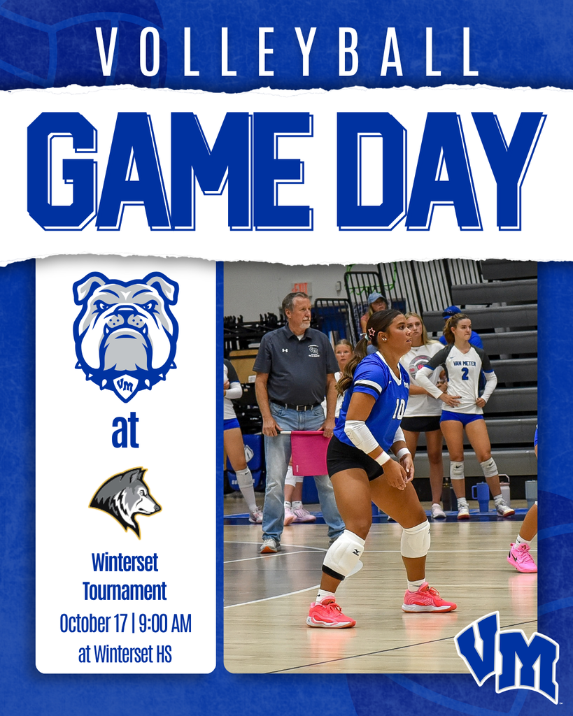 Female volleyball player in blue and white uniform ready to receive serve.
