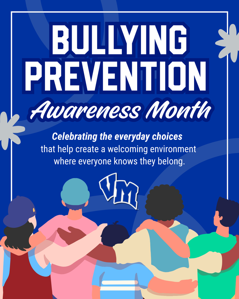 Group of diverse people with arms around each other under bold text promoting Bullying Prevention Awareness Month.