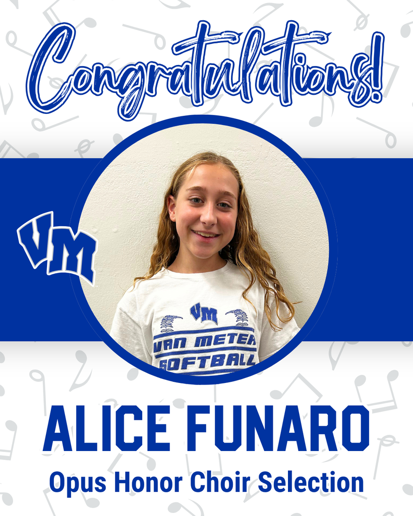 Smiling girl wearing a Van Meter Softball shirt, recognized for Opus Honor Choir selection with a congratulatory message.