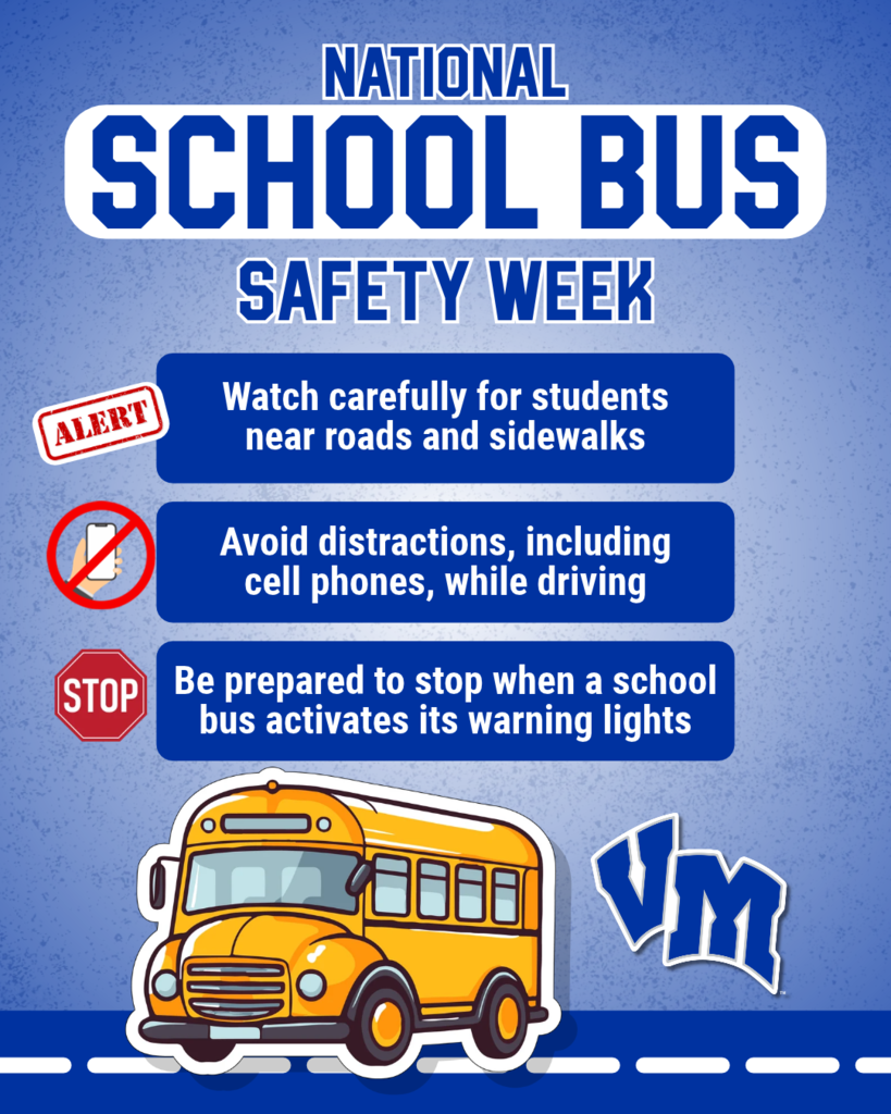 Image for National School Bus Safety Week with tips to watch for students, avoid distractions, and stop for bus warning lights.
