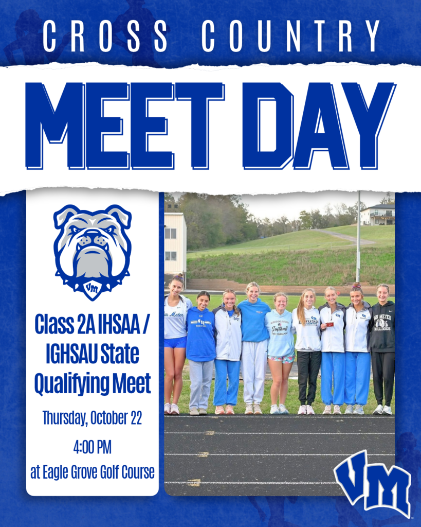 Cross country team posing on a track with event details for the Class 2A IHSAA/IGHSAU State Qualifying Meet on October 22 at Eagle Grove Golf Course.