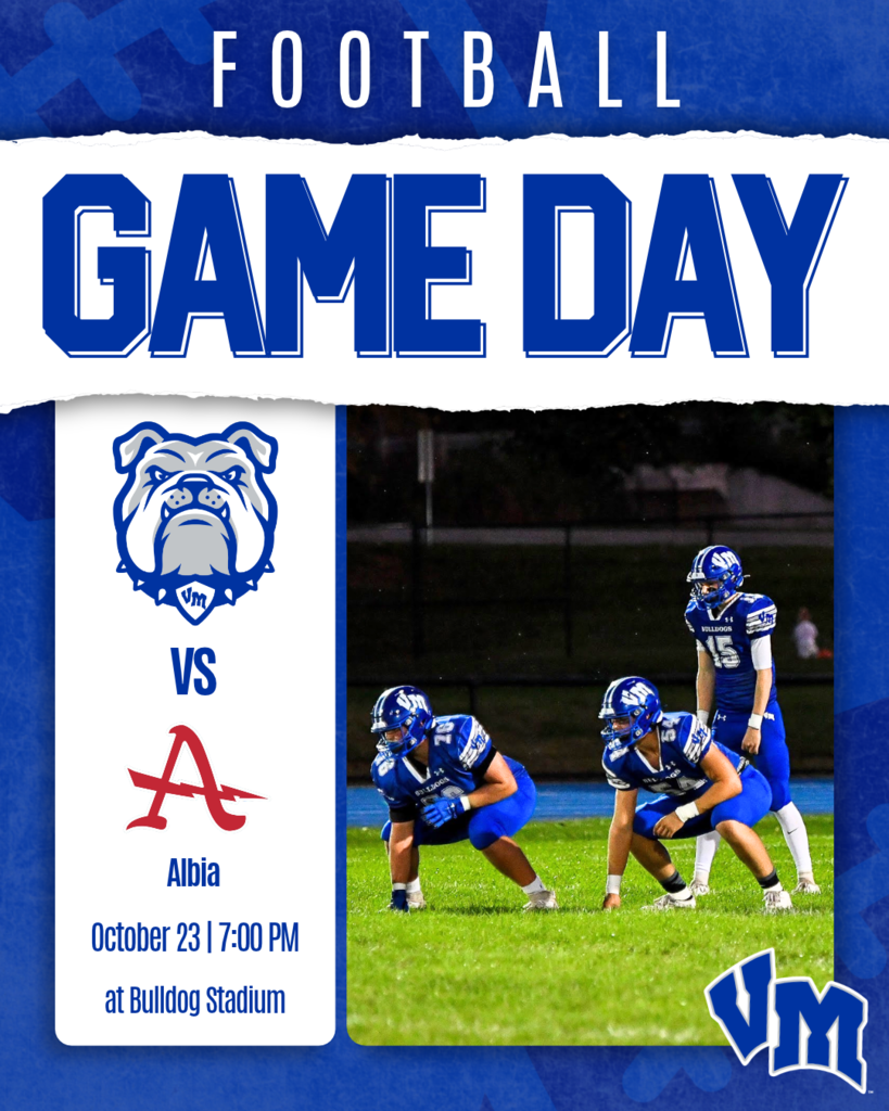 Football game day announcement featuring VM Bulldogs versus Albia on October 23 at 7 PM in Bulldog Stadium.