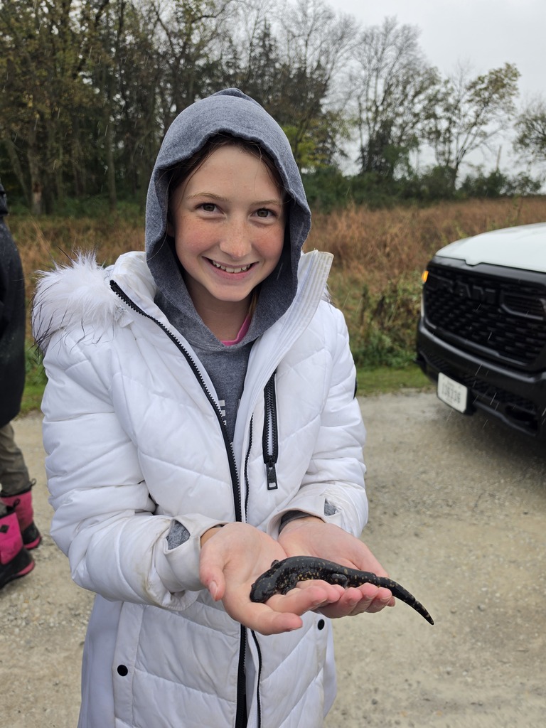 Smiling girl in a white coat and gray hoodie holding a black salamander outdoors on a cloudy day.