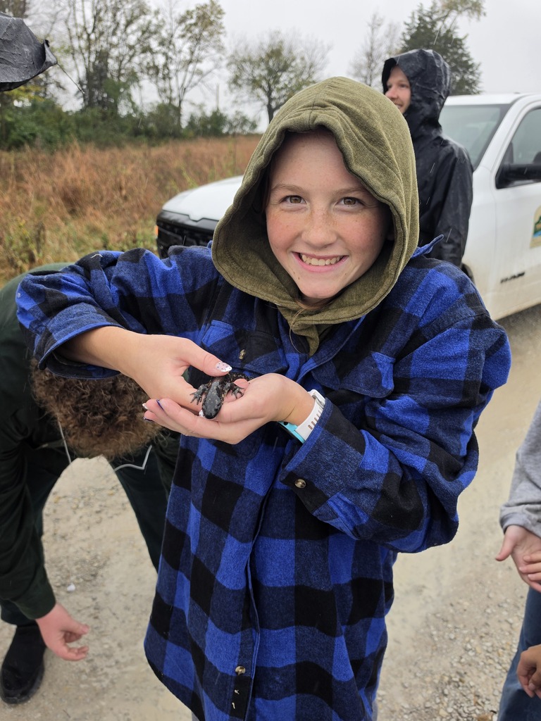 Smiling child in a blue plaid jacket and green hood holding a large black insect outdoors near a white truck on a cloudy day.