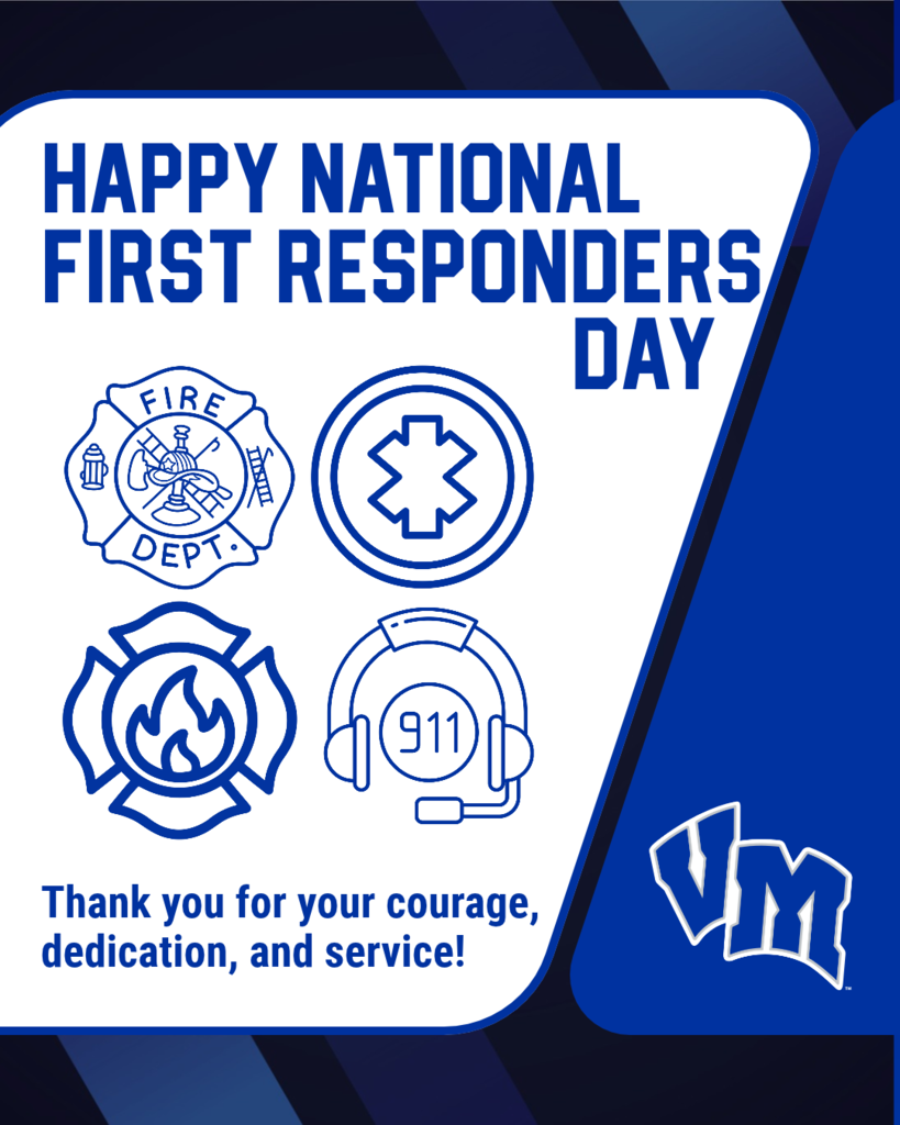 Graphic celebrating National First Responders Day with fire department, medical, and 911 icons and a thank you message for their courage and service.
