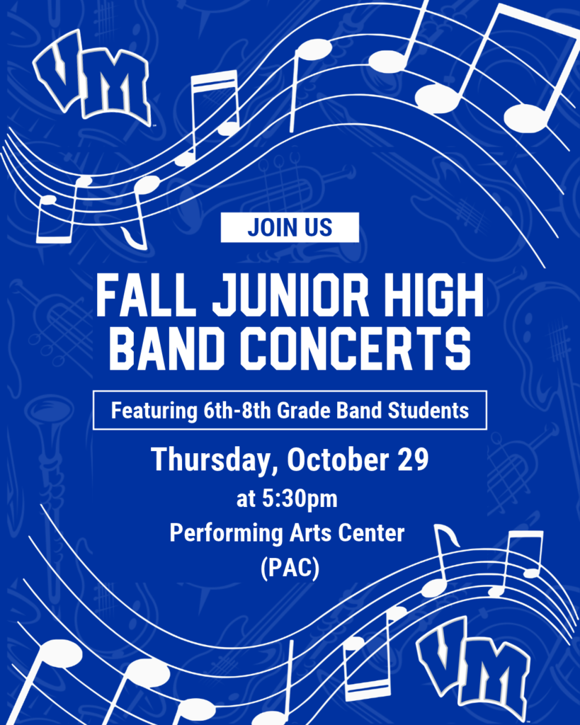 Blue poster announcing Fall Junior High Band Concerts for 6th-8th graders on Thursday, October 29 at 5:30pm in the Performing Arts Center.