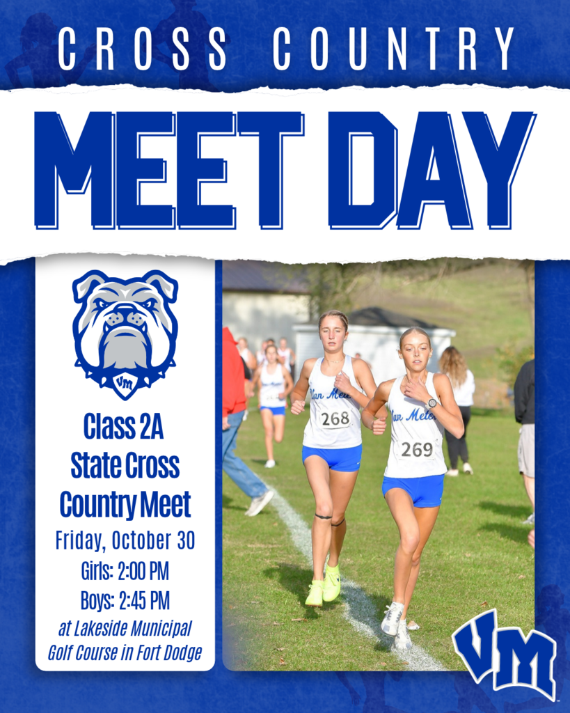 Two female cross country runners in white and blue uniforms competing on a grassy course during a state meet event.