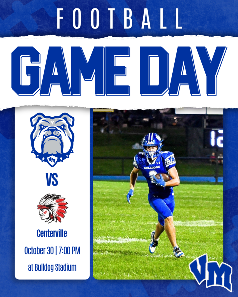 Football game day announcement featuring a Bulldog player running on the field under stadium lights.