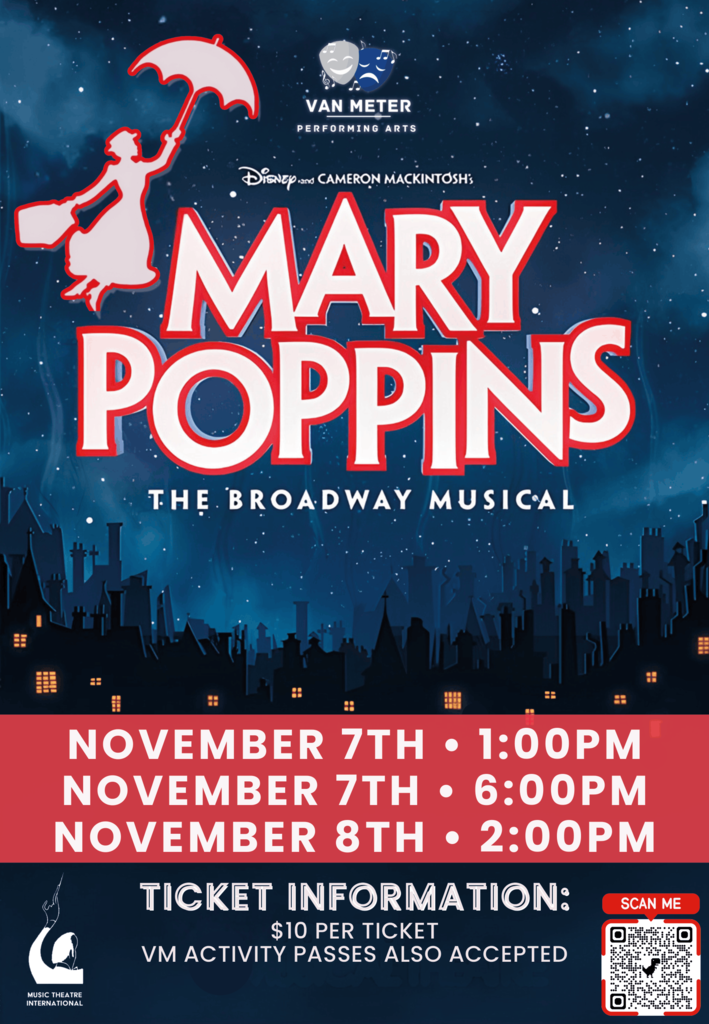 Mary Poppins Broadway musical poster with silhouette of Mary flying over a cityscape holding an umbrella, showing show dates and ticket info.