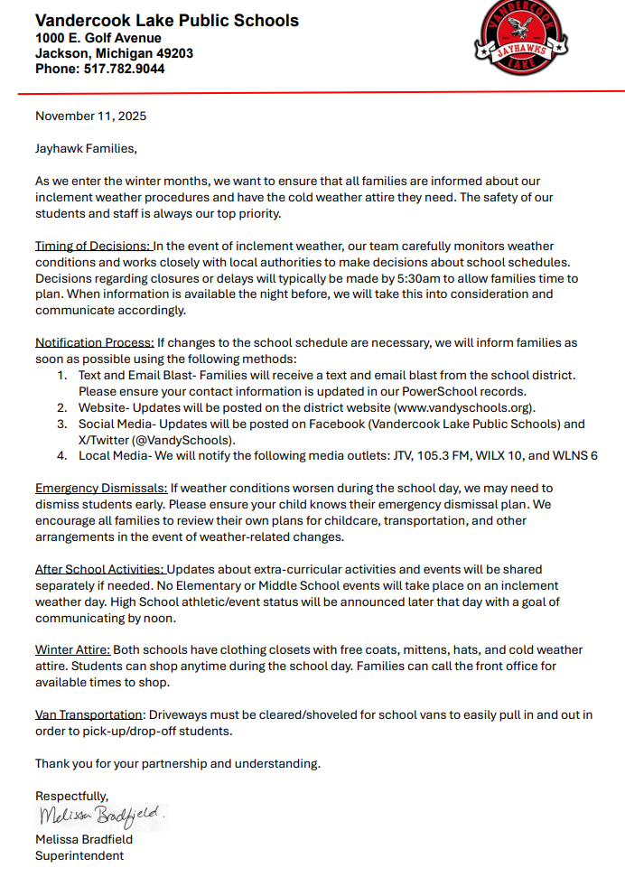 Inclement weather update for VLPS.