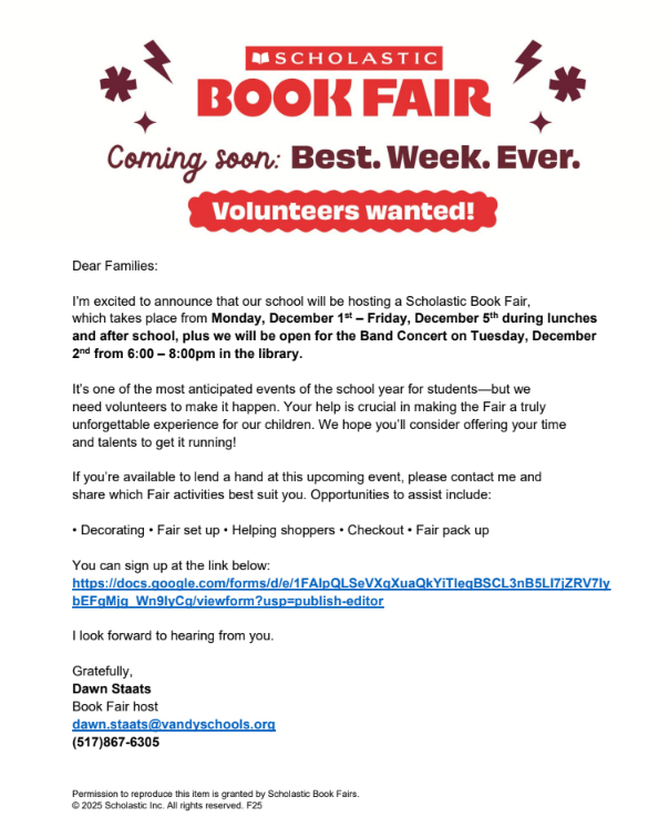 Book Fair Volunteer Letter