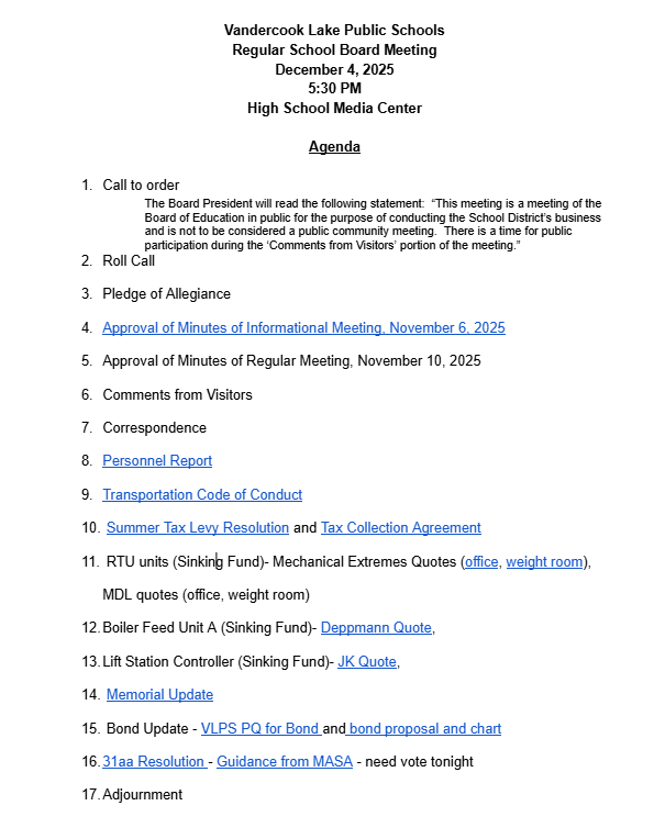 Board of Ed agenda for 12.4.25