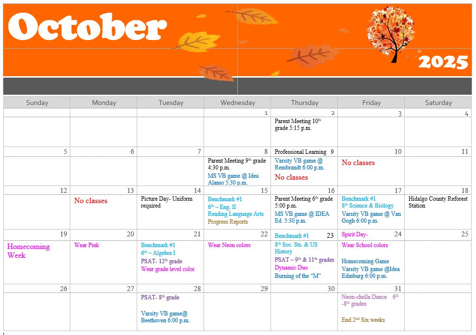 Parent October Calendar