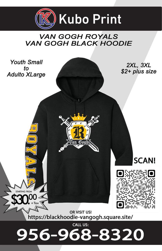 flyer of a black hoodie with phone number, price and QR code. 