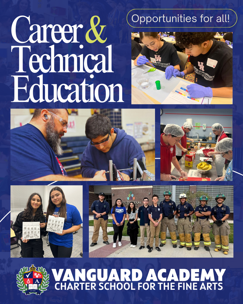 Multiple students and teachers in a classroom setting and outdoors. "Career & Technical Education" and "Vanguard Academy Charter School for the Fine Arts" are in text.