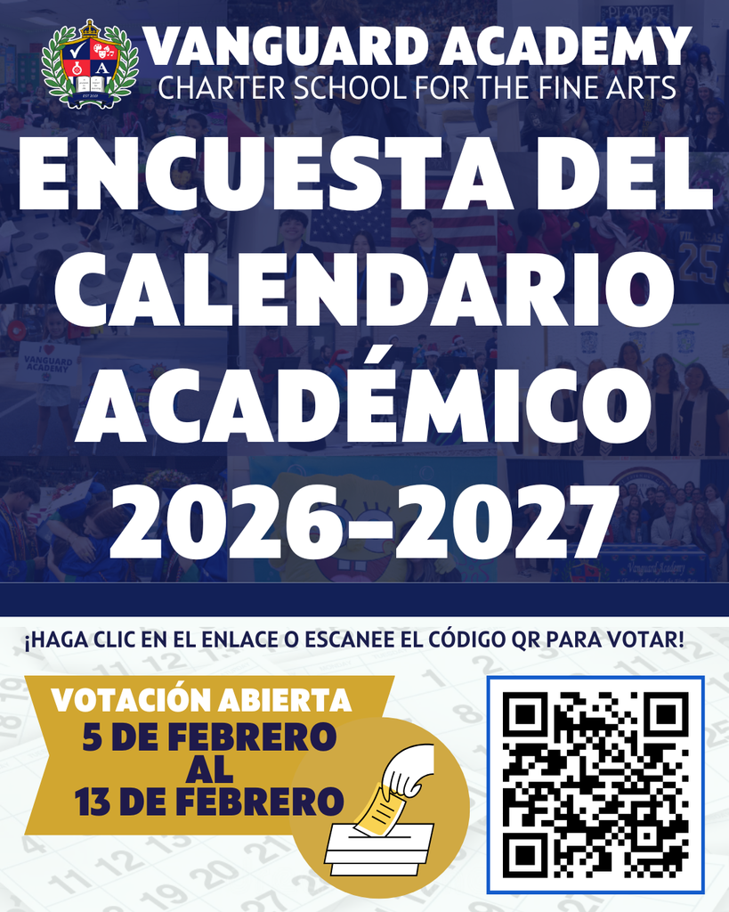 Poster for the Vanguard Academy academic calendar survey for 2026-2027. Features a QR code for voting.