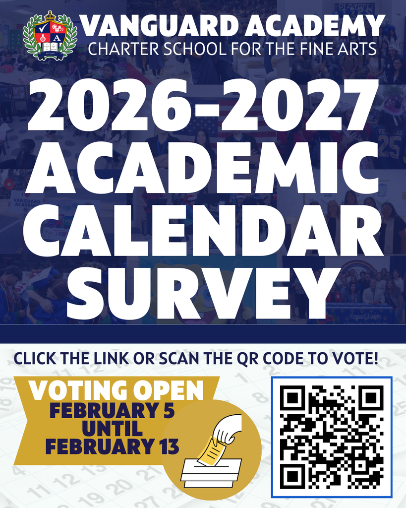 Vanguard Academy 2026-2027 Academic Calendar Survey poster with a QR code for voting from February 5 to February 13.