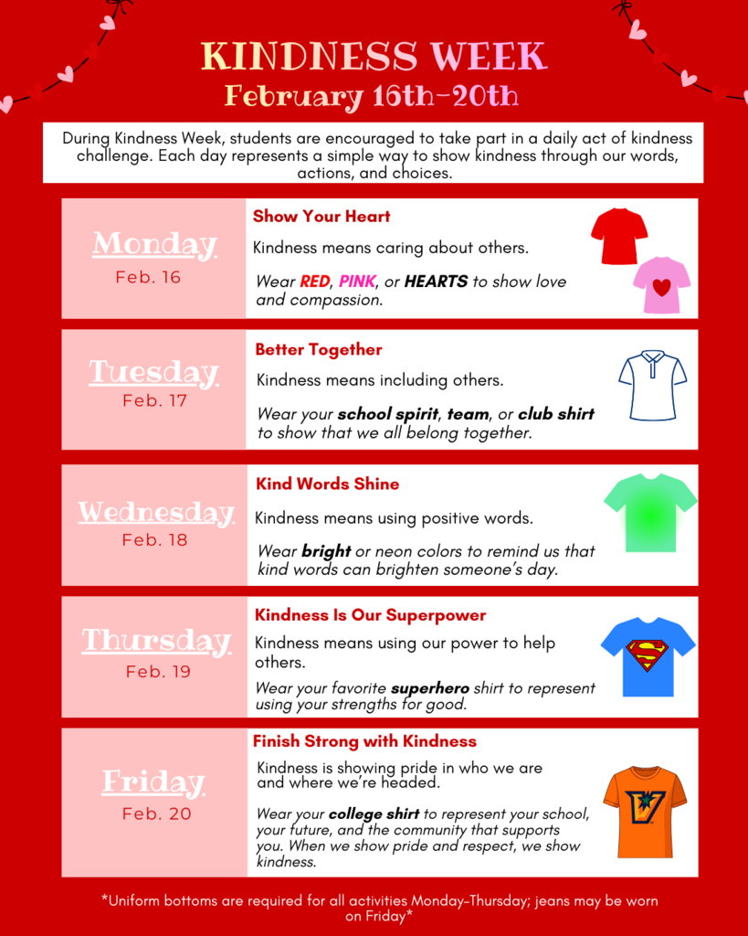 A red poster with "Kindness Week" headline. Five days of activities are listed with the theme, color, and date.