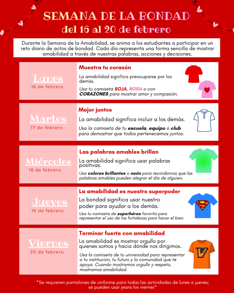 A red poster lists activities for a bonding week, featuring dates and corresponding activities with T-shirt icons.