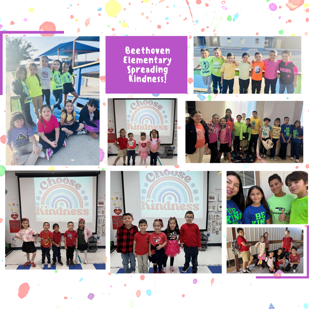 Collage of kids and teachers at Beethoven Elementary. Rainbow and "Choose Kindness" signs. Kids in groups, wearing various colors.