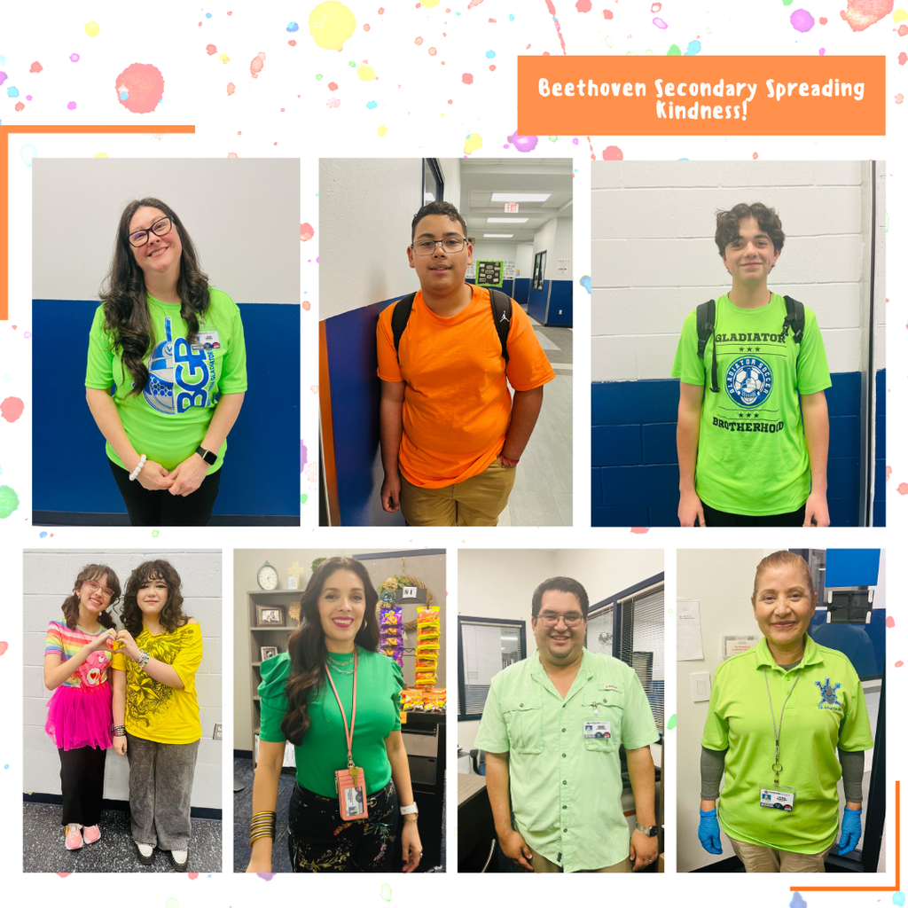 Collage of six individuals in various settings; three in green, two in orange, and one in yellow. Background includes a blue wall and a classroom setting.