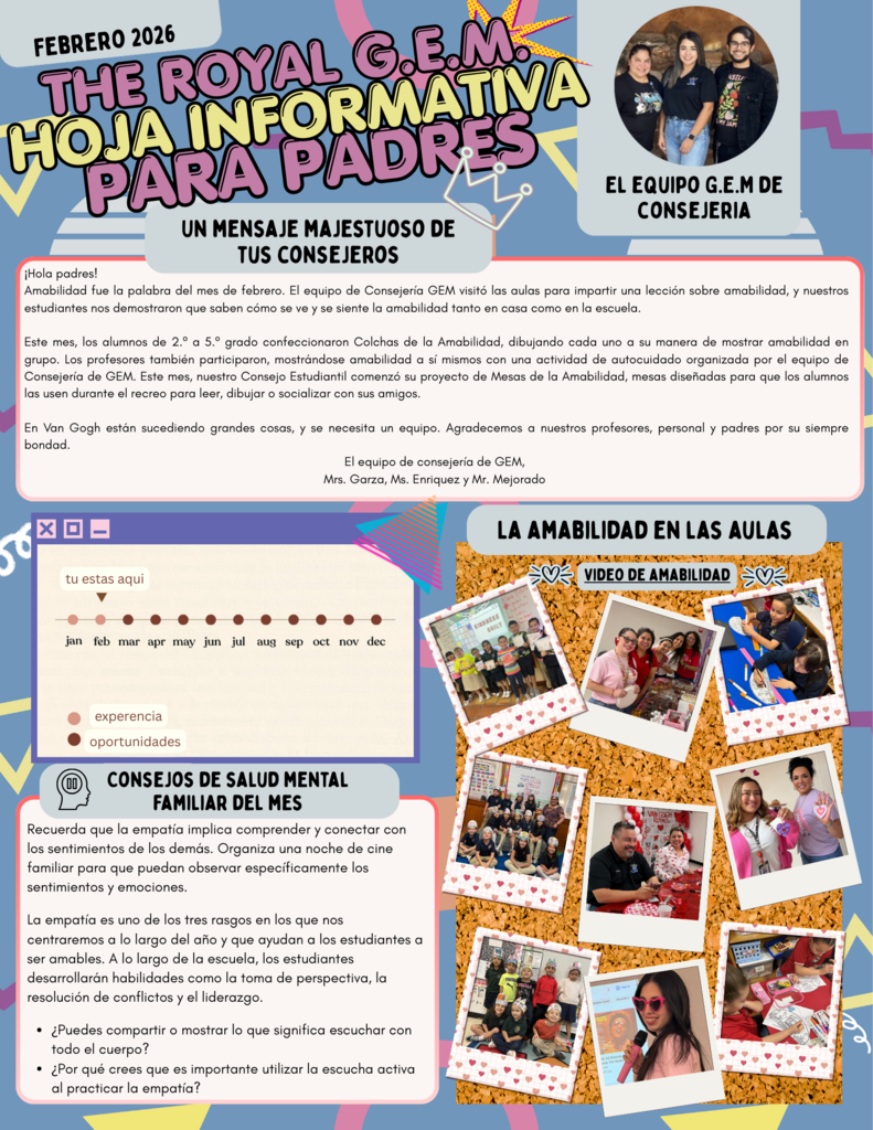 Flyer titled "The Royal G.E.M. Now Informative for Parents" shows images of children, statistics, and a team photo.