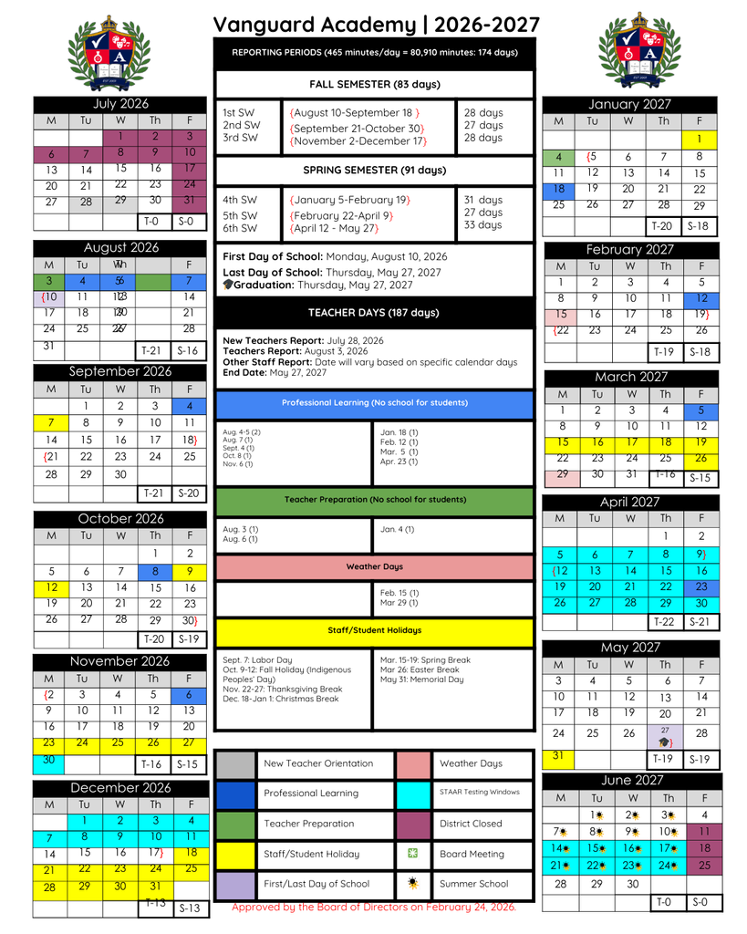 Vanguard Academy Academic Calendar 26-27