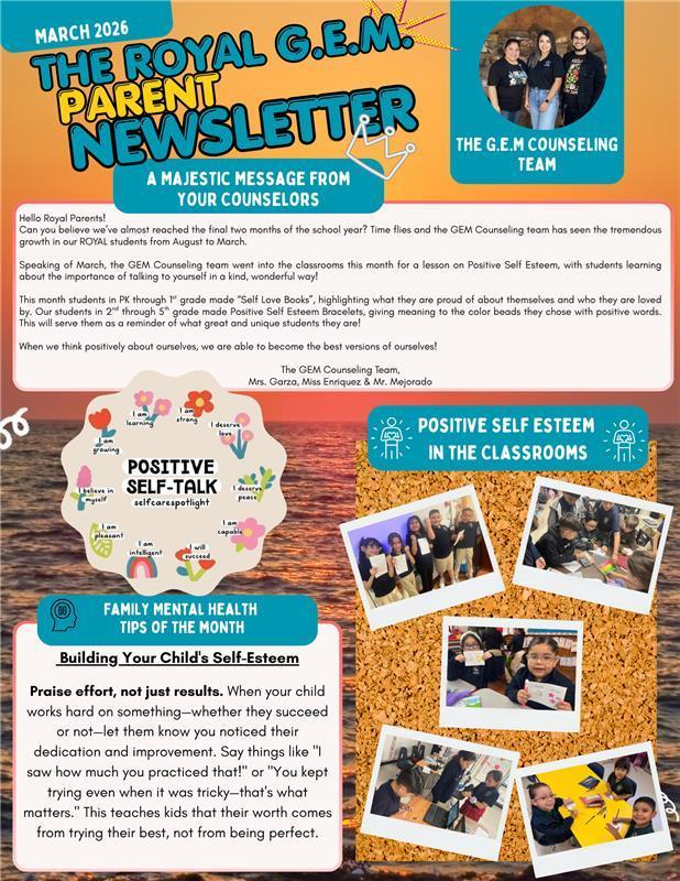 Newsletter with sections on mental health, self-esteem, self-talk, and family tips. Images of people include a group, students, and a counselor.