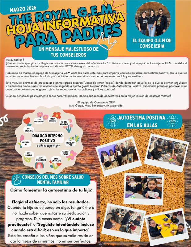 An informational poster titled "The Royal G.E.M. Informative Hour for Parents" features multiple sections with text and images. Background includes ocean and sky.