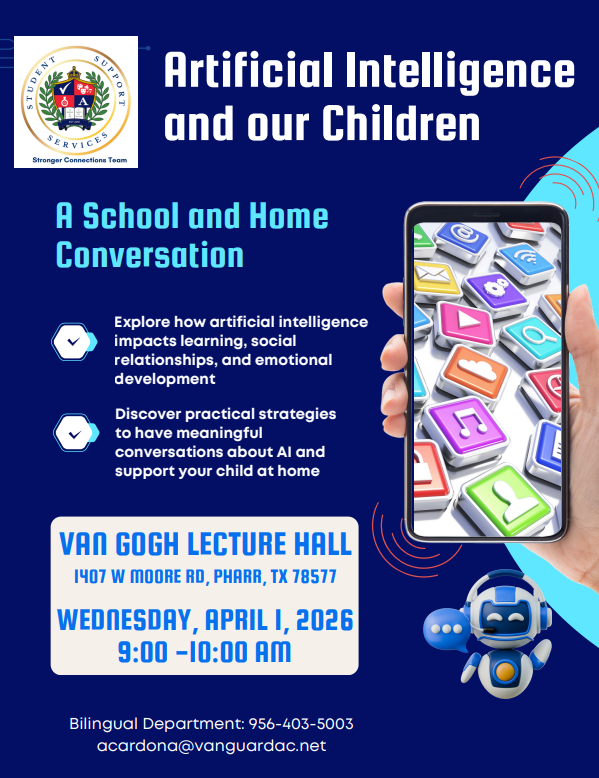 A poster promoting an event about AI for children. It features a phone screen with icons, a robot, and text about the date, time, and location.