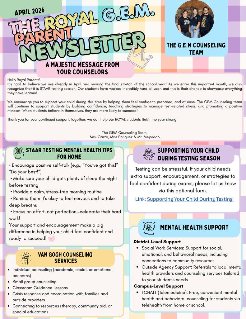 A newsletter titled "The Royal G.E.M. Parent Newsletter" features colorful sections with icons for testing, mental health tips, and support services.