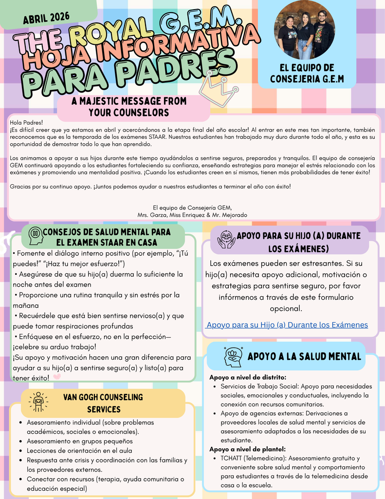 A colorful infographic with sections titled "Consejos de Salud Mental para Padres" and "Apoyo para Examenes". The left has icons and text discussing mental health advice. The right has icons and text offering support during exams.