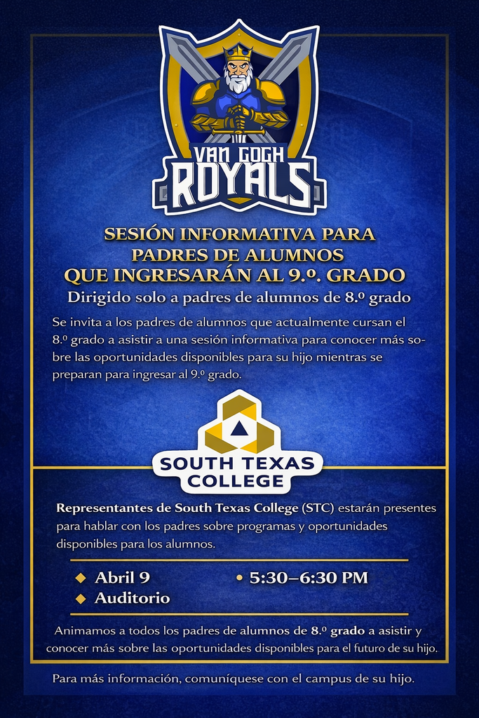 An invitation from South Texas College for parents of 8th-grade students to attend a session about transitioning to 9th grade.
