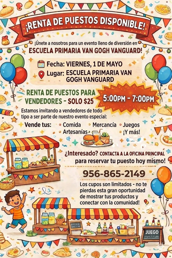 An illustrated flyer for a market with food stalls, balloons, and a child. It has information on vendors, prices, and contact details.