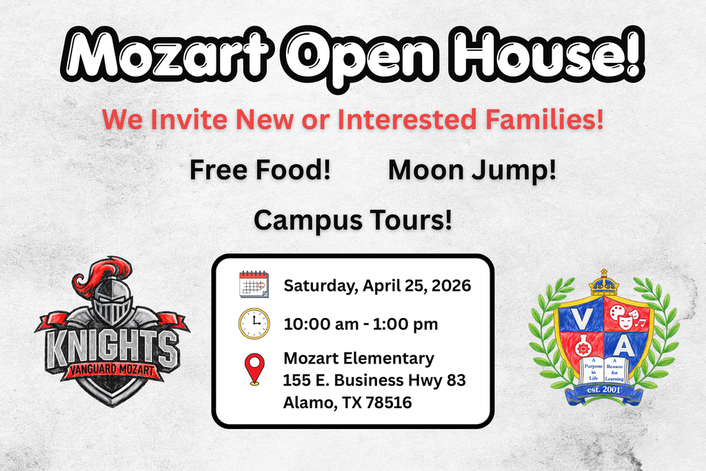 An event flyer for "Mozart Open House" on April 25, 2026. It includes activities like free food, moon jump, and campus tours.