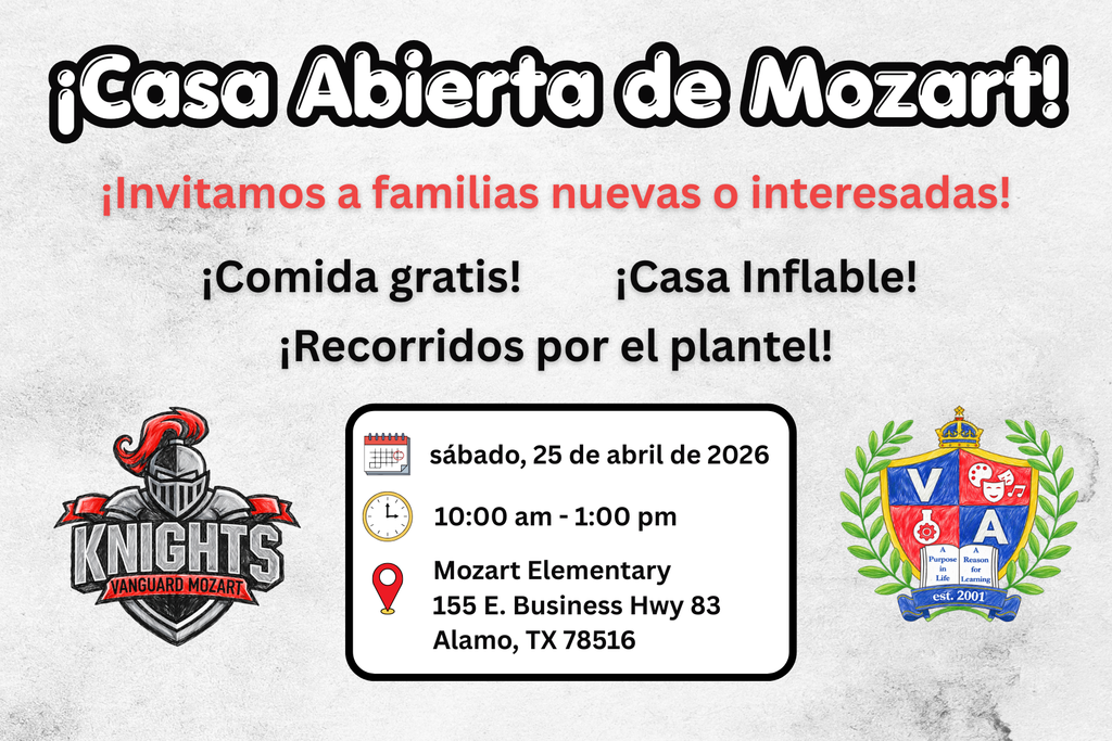A poster with a red and white background invites families to a Mozart-themed open house. It includes a logo and date.