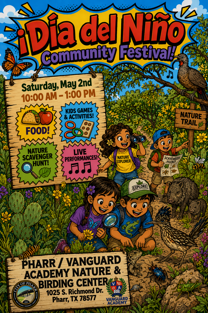 Children exploring a nature trail with signs for food, live performances, and nature scavenger hunt.