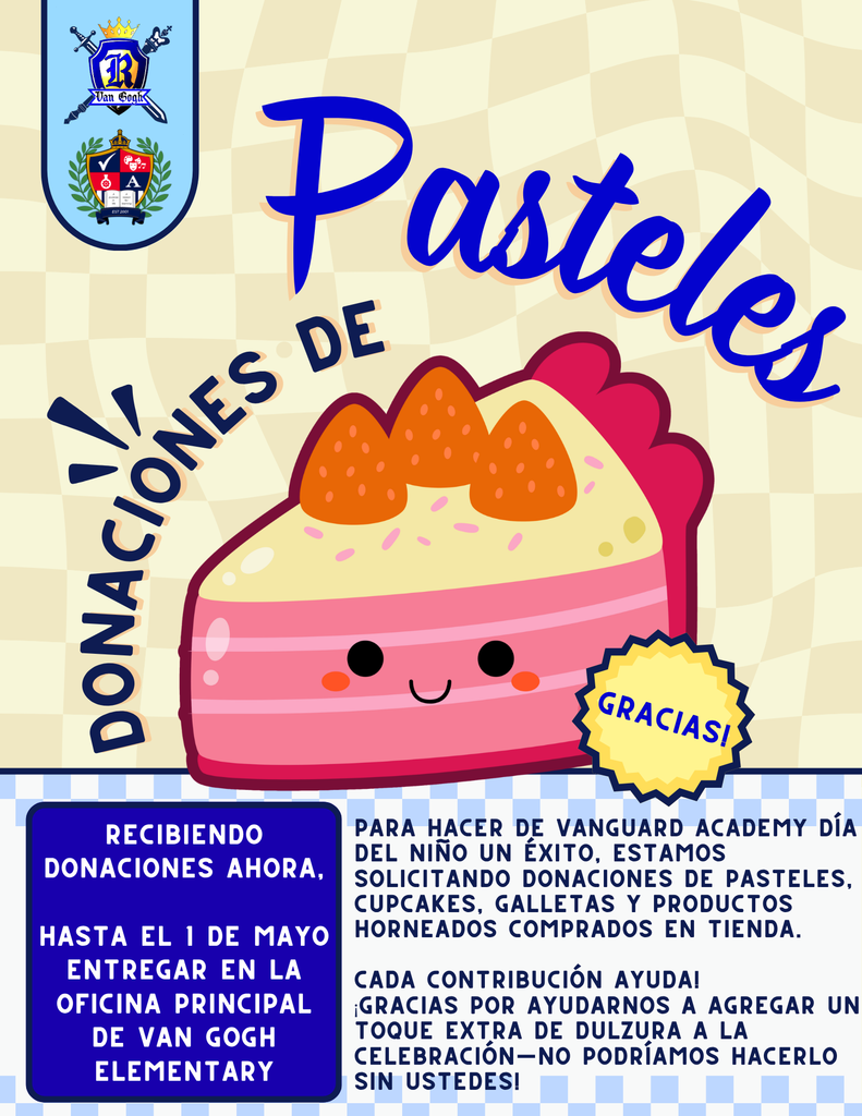 An advertisement for donations at Vanguard Academy Dia Del Nino. A slice of strawberry cake with a face is pictured.