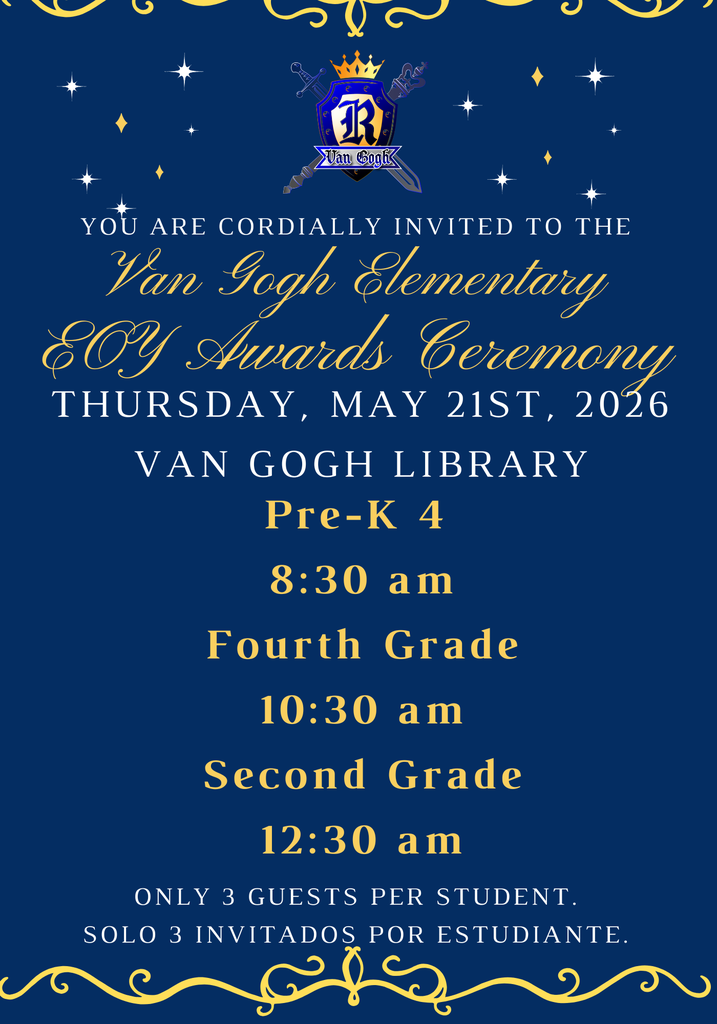 Blue background with white stars. "Van Gogh Elementary 80Y Awards Ceremony" at the Van Gogh Library. Times: Pre-K at 8:30, 4th Grade at 10:30, 2nd Grade at 12:30.