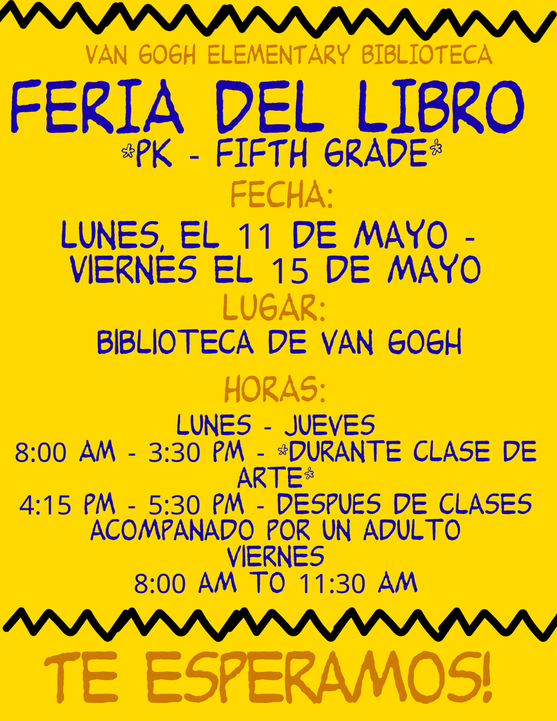 A yellow poster advertises "Feria Del Libro" with a yellow border, bold blue text, and white text.