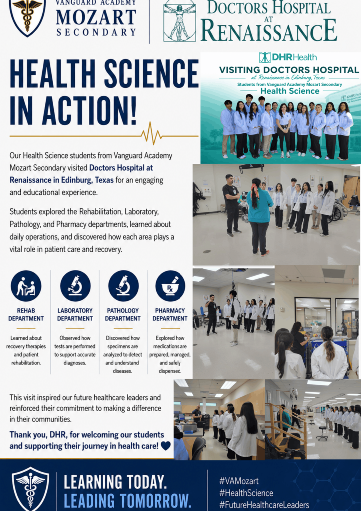 A collage of images from a health science visit includes students, doctors, and a lab. It highlights departments like Pathology and Pharmacy.