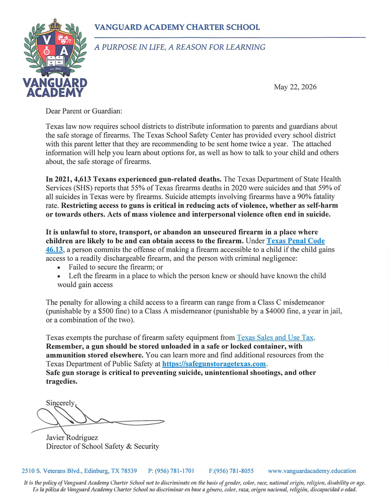 Letter from Vanguard Academy Charter School dated May 22, 2024, addressed to parents or guardians. It discusses gun safety and includes a link for more information.